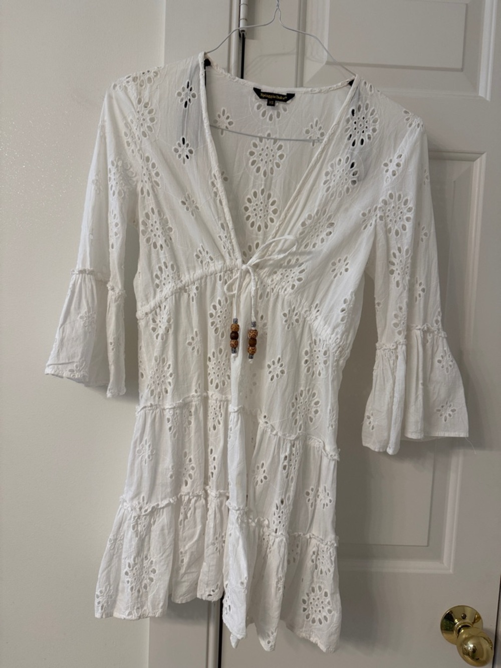 White Eyelet Tie-Front Tunic Dress